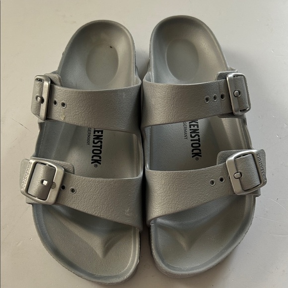 Birkenstock Shoes - Birkenstock Metallic Gray Double Strap Sandals